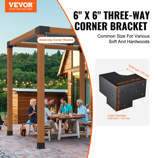 VEVOR Pergola Bracket Kit 6''x6'', 4pcs 3-Way Heavy Duty Corner Bracket Woodworks DIY Post Base Kit, Easy Installation Wooden Beams for Gazebos, Patio Pergolas, Log Cabin Outdoor Pergola Hardware