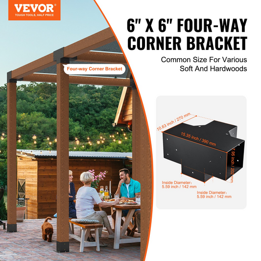 VEVOR Pergola Bracket Kit 6''x6'', 2pcs 4-Way Heavy Duty Corner Bracket Woodworks DIY Post Base Kit, Easy Installation Wooden Beams for Gazebos, Patio Pergolas, Log Cabin Outdoor Pergola Hardware