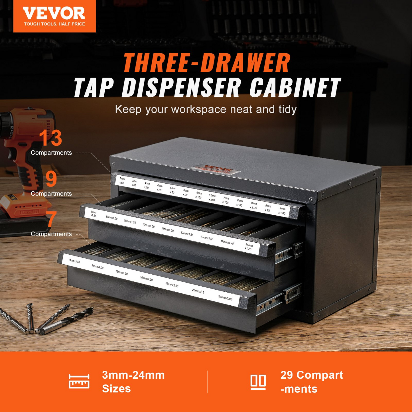 VEVOR Tap Dispenser Cabinet, Three-Drawer Tap Organizer Cabinet for 3mm-24mm Steel Tap Dispenser Organizer Cabinet with Labels, 29-Compartment Stackable Tap Cabinet for Tap Storage