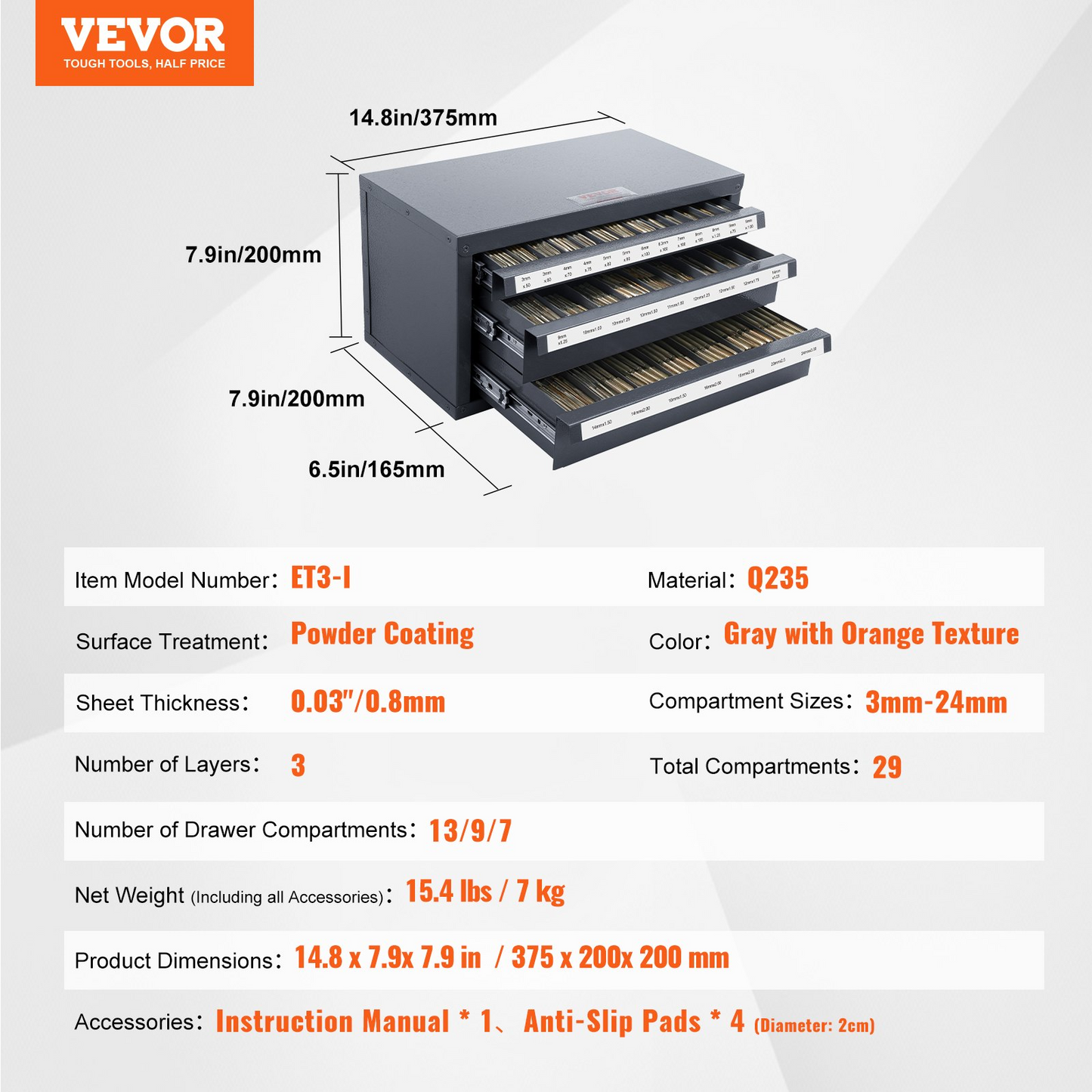 VEVOR Tap Dispenser Cabinet, Three-Drawer Tap Organizer Cabinet for 3mm-24mm Steel Tap Dispenser Organizer Cabinet with Labels, 29-Compartment Stackable Tap Cabinet for Tap Storage