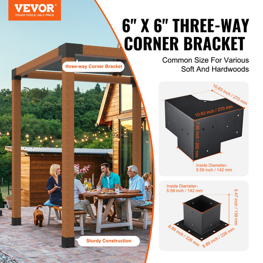 VEVOR Pergola Bracket Kit 6''x6'', 8pcs 3-Way Heavy Duty Corner Bracket Woodworks DIY Post Base Kit, Easy Installation Wooden Beams for Gazebos, Patio Pergolas, Log Cabin Outdoor Pergola Hardware