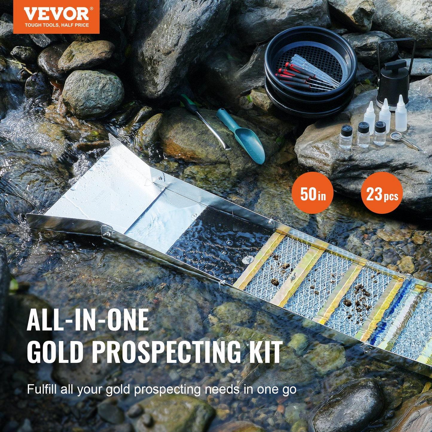 VEVOR 50 Inch Folding Sluice Box Gold Panning Kit, 23pc Gold Prospecting Equipment Kit with Gold Pan, Classifier Screen, Separating Magnet, Backpack and More