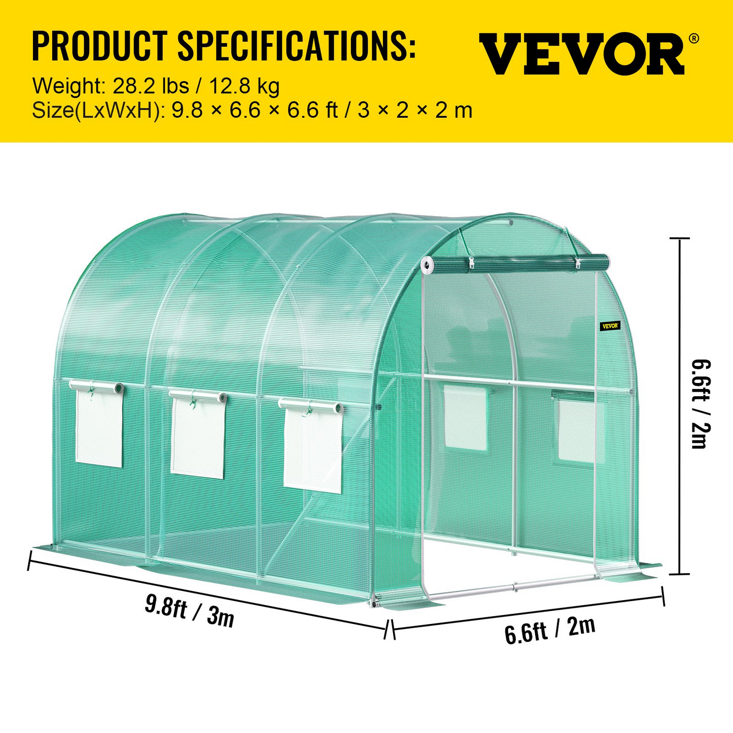 VEVOR Walk-in Tunnel Greenhouse, 9.8 x 6.6 x 6.6 ft Portable Plant Hot House w/ Galvanized Steel Hoops, 1 Top Beam, Diagonal Poles, Zippered Door & 6 Roll-up Windows, Green