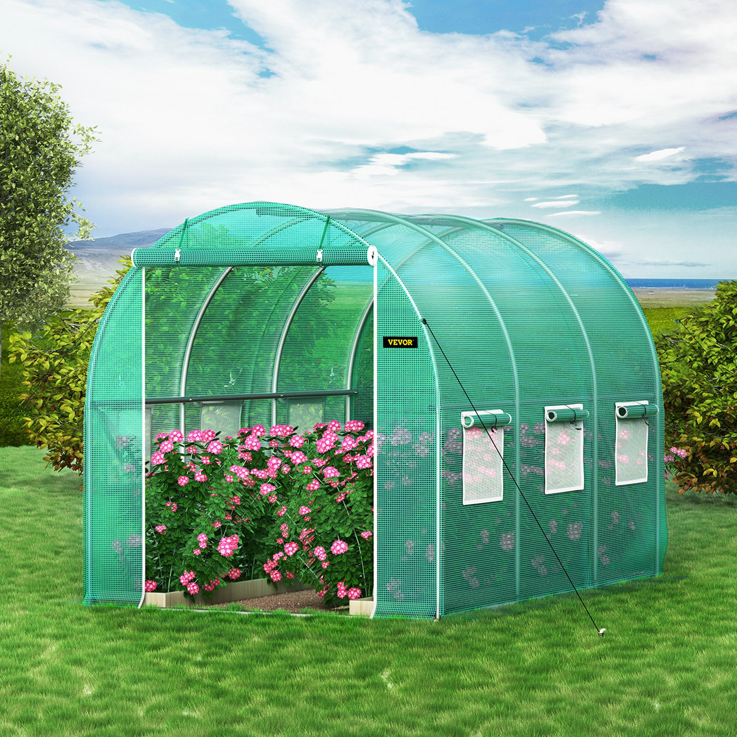 VEVOR Walk-in Tunnel Greenhouse, 9.8 x 6.6 x 6.6 ft Portable Plant Hot House w/ Galvanized Steel Hoops, 1 Top Beam, Diagonal Poles, Zippered Door & 6 Roll-up Windows, Green