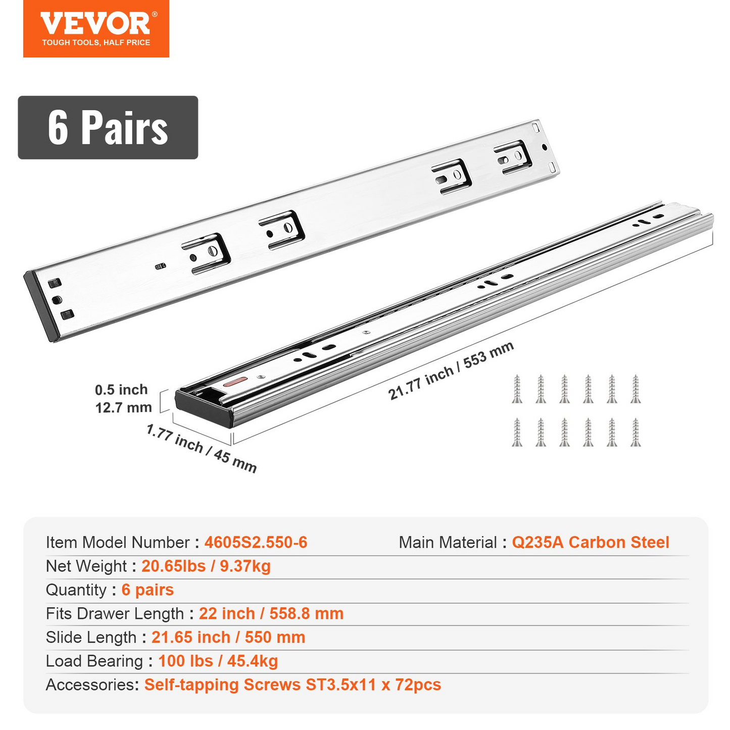 VEVOR 6 Pairs of 22 Inch Drawer Slides Side Mount Rails, Heavy Duty Full Extension Steel Track, Soft-Close Noiseless Guide Glides Cabinet Kitchen Runners with Ball Bearing, 100 Lbs Load Capacity