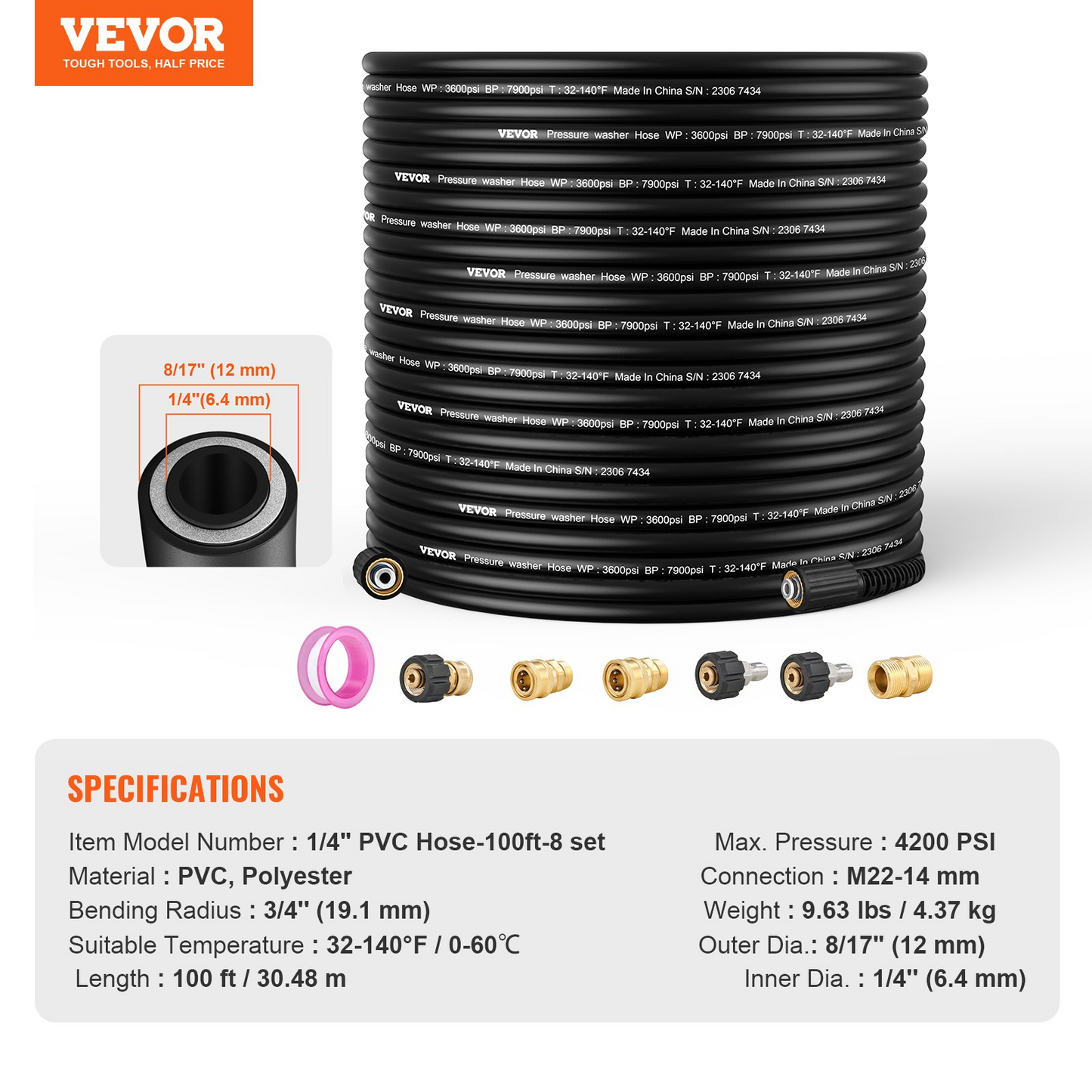 VEVOR Pressure Washer Hose, 100FT, 1/4" Kink Free M22-14mm Brass Thread Replacement For Most Brand Pressure Washers, 3/4'' Bending Radius, 4200 PSI Heavy Duty Power Washer Extension Replacement Hose