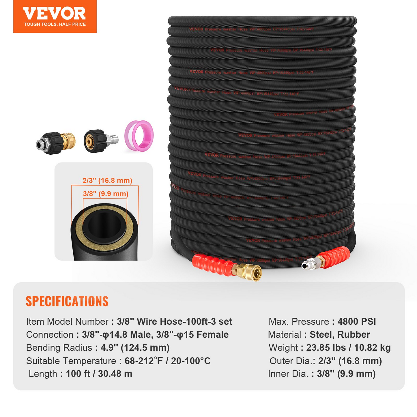 VEVOR Pressure Washer Hose, 100FT, Kink Free 3/8"-φ14.8 Male, 3/8"-φ15 Female For Most Brand Pressure Washers, 4.9'' Bending Radius, 4800 PSI Heavy Duty Power Washer Extension Replacement Hose