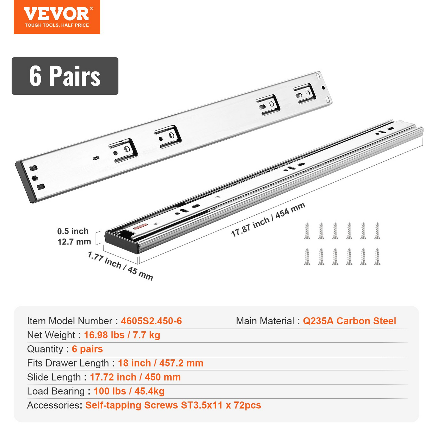 VEVOR 6 Pairs of 18 Inch Drawer Slides Side Mount Rails, Heavy Duty Full Extension Steel Track, Soft-Close Noiseless Guide Glides Cabinet Kitchen Runners with Ball Bearing, 100 Lbs Load Capacity