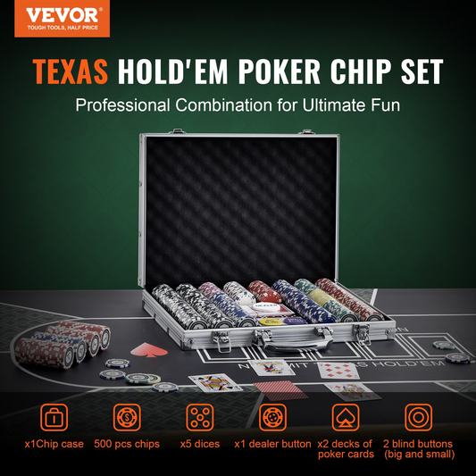 VEVOR Poker Chip Set, 500-Piece Poker Set, Complete Poker Playing Game Set with Aluminum Carrying  Case, 11.5 Gram Casino Chips, Cards, Buttons and Dices, for Texas Hold'em, Blackjack, Gambling