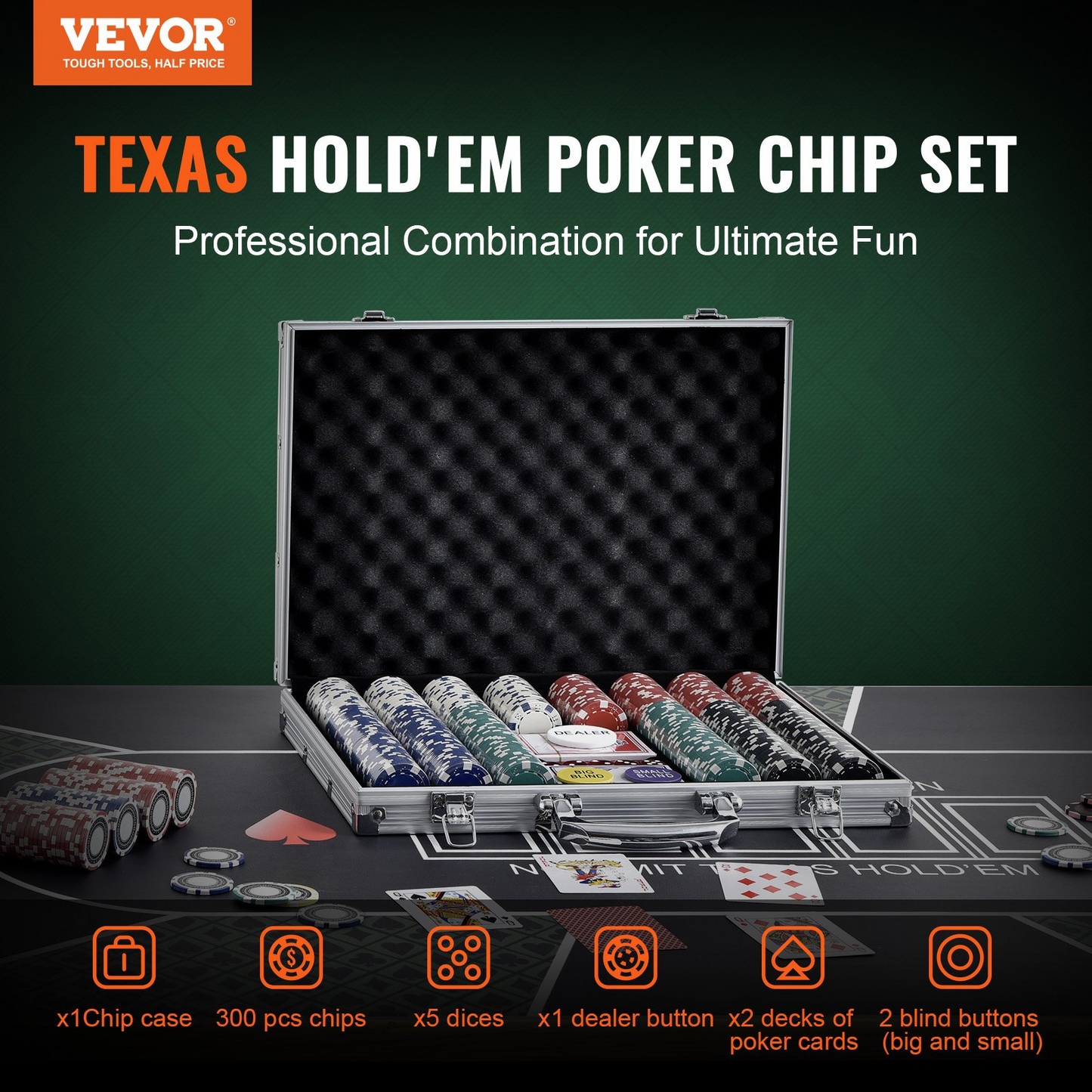 VEVOR Poker Chip Set, 300-Piece Poker Set, Complete Poker Playing Game Set with Aluminum Carrying  Case, 11.5 Gram Casino Chips, Cards, Buttons and Dices, for Texas Hold'em, Blackjack, Gambling