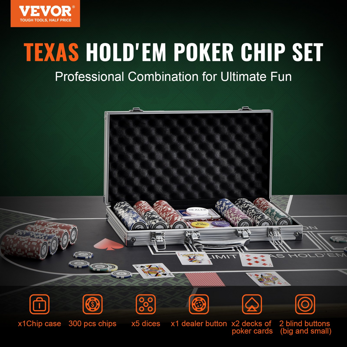 VEVOR Poker Chip Set, 300-Piece Poker Set, Complete Poker Playing Game Set with Aluminum Carrying  Case, 11.5 Gram Casino Chips, Cards, Buttons and Dices, for Texas Hold'em, Blackjack, Gambling