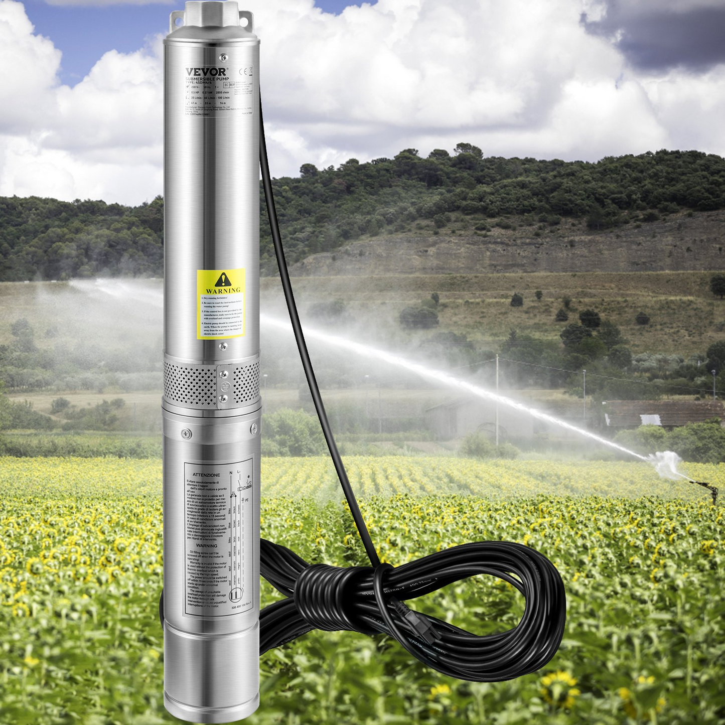 VEVOR Deep Well Submersible Pump, 2HP/1500W 230V/60Hz, 37GPM Flow 427 ft Head, with 33 ft Electric Cord, 4 inch Stainless Steel Water Pumps for Industrial, Irrigation & Home Use, IP68 Waterproof Grade