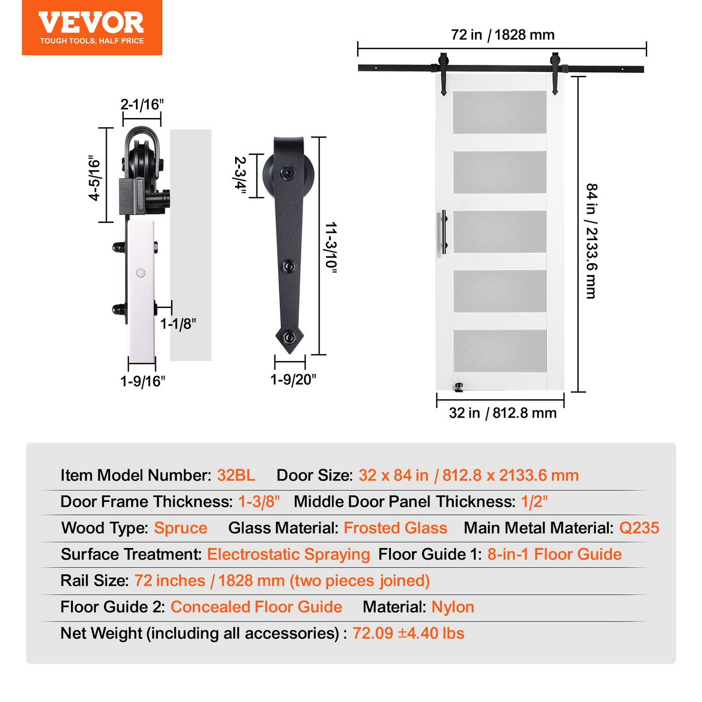 VEVOR Barn Door and Hardware Kit, 30" x 84" Wood and Glass Sliding Barn Door, Smoothly and Quietly, Barn Door Kit with 8-in-1 Floor Guide and Door Handle, Spruce Wood Slab and Frosted Glass