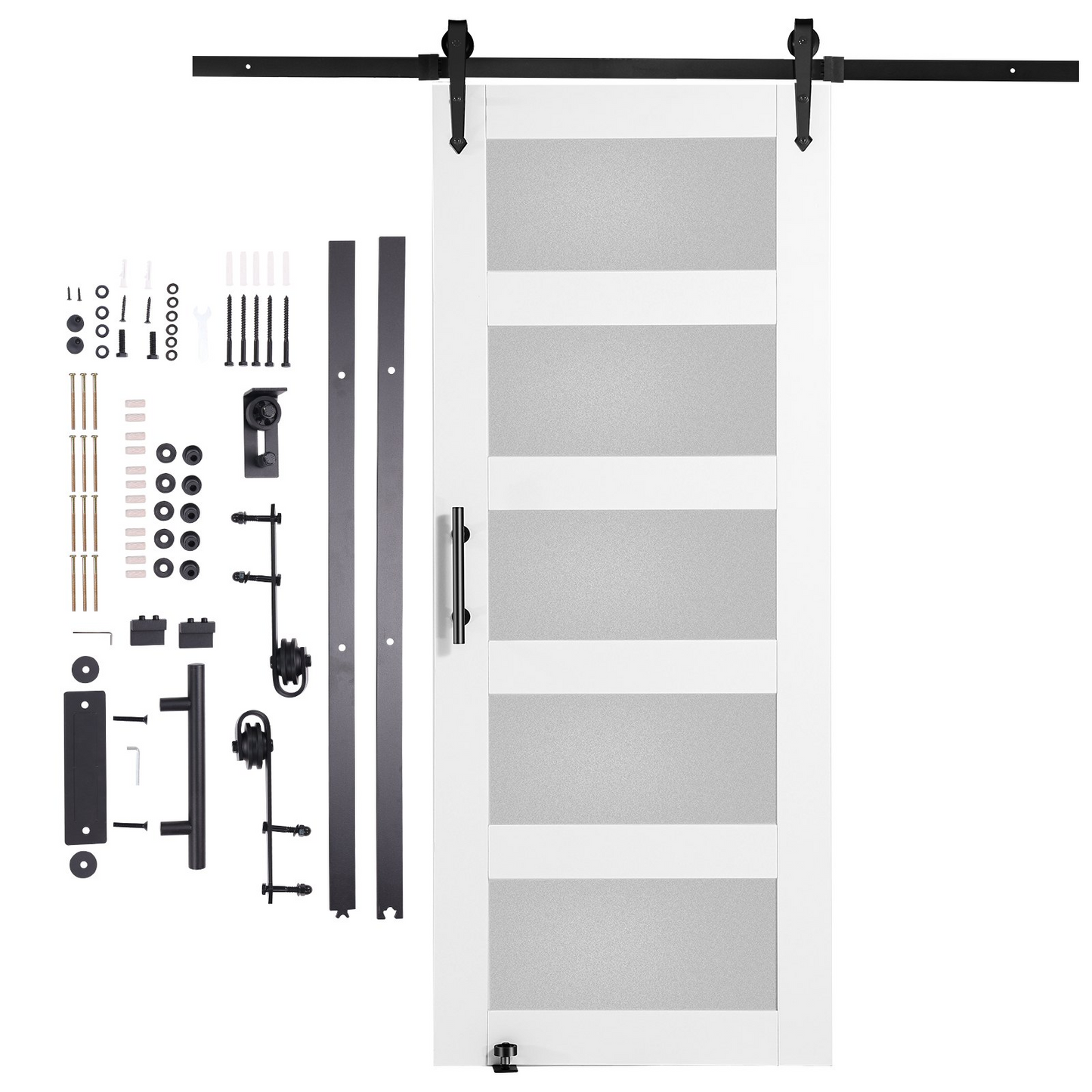 VEVOR Barn Door and Hardware Kit, 30" x 84" Wood and Glass Sliding Barn Door, Smoothly and Quietly, Barn Door Kit with 8-in-1 Floor Guide and Door Handle, Spruce Wood Slab and Frosted Glass