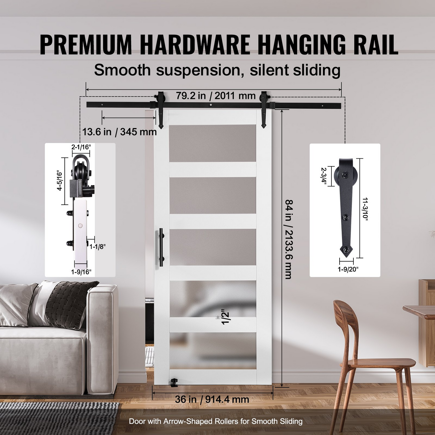 VEVOR Barn Door and Hardware Kit, 36" x 84" Wood and Glass Sliding Barn Door, Smoothly and Quietly, Barn Door Kit with 8-in-1 Floor Guide and Door Handle, Spruce Wood Slab and Frosted Glass