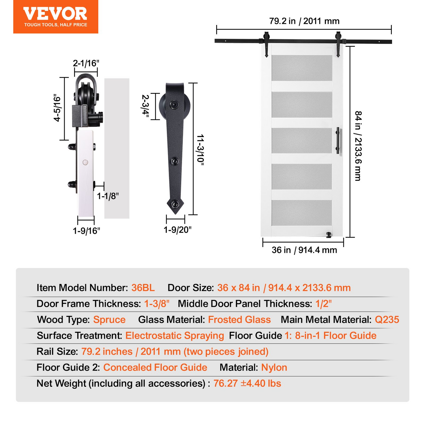 VEVOR Barn Door and Hardware Kit, 36" x 84" Wood and Glass Sliding Barn Door, Smoothly and Quietly, Barn Door Kit with 8-in-1 Floor Guide and Door Handle, Spruce Wood Slab and Frosted Glass