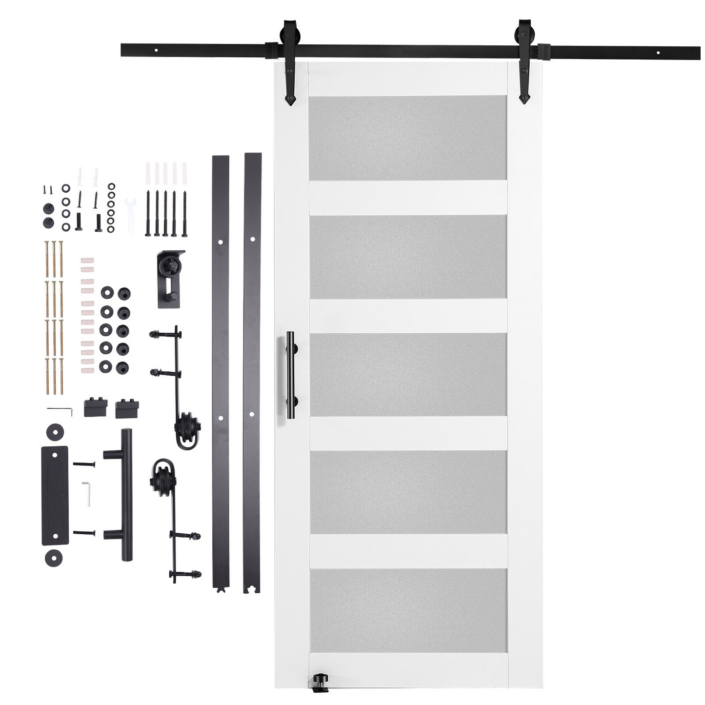 VEVOR Barn Door and Hardware Kit, 36" x 84" Wood and Glass Sliding Barn Door, Smoothly and Quietly, Barn Door Kit with 8-in-1 Floor Guide and Door Handle, Spruce Wood Slab and Frosted Glass