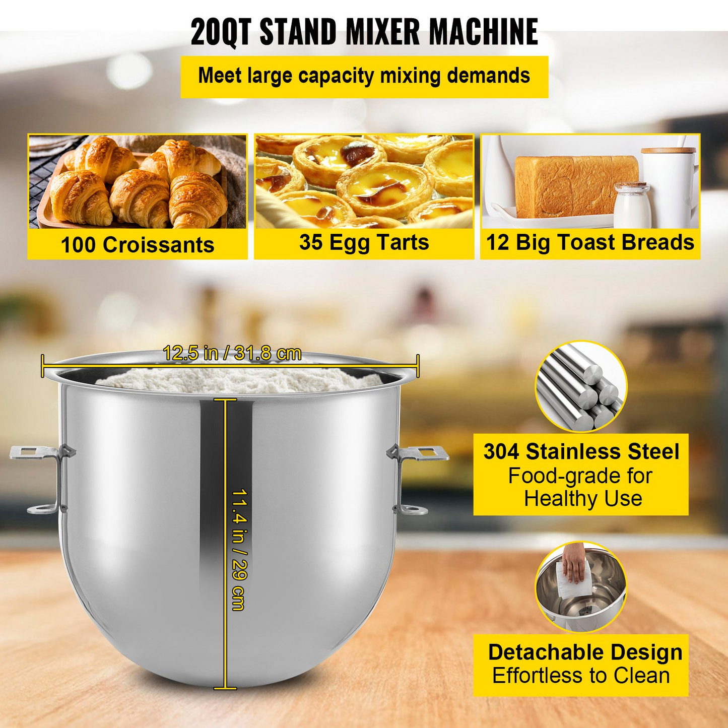 VEVOR Commercial Stand Mixer, 20Qt Stainless Steel Bowl, 1100W 2 in 1 Multifunctional Electric Food Mixer with Meat Grinder & 3 Speeds, Dough Hook Whisk Beater Included, Perfect for Bakery Pizzeria