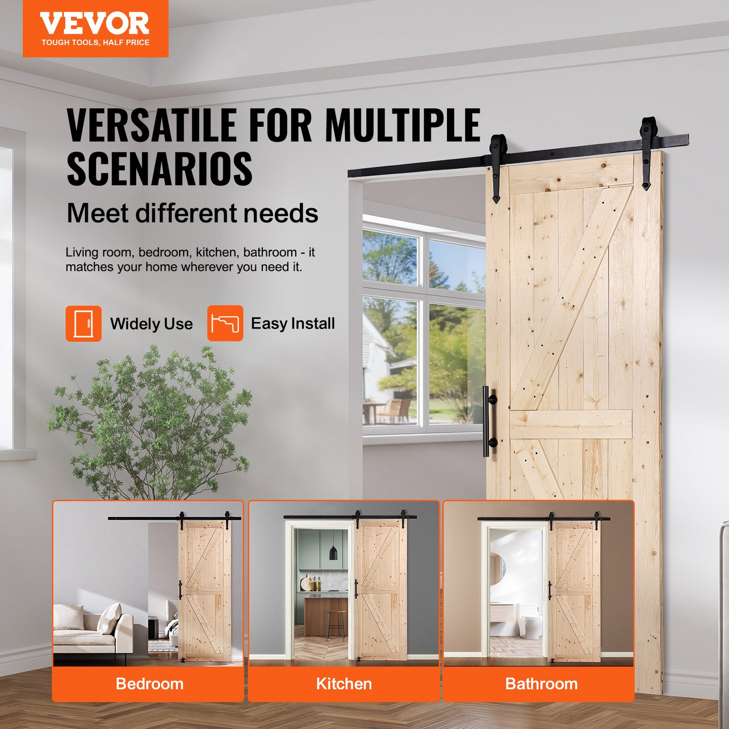 VEVOR Barn Door and Hardware Kit, 30" x 84" Wood Sliding Barn Door, Smoothly and Quietly, Barn Door Kit with 8-in-1 Floor Guide and Door Handle, Spruce Wood Panelled Slab, Easy to Install