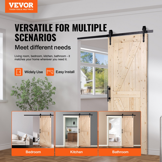 VEVOR Barn Door and Hardware Kit, 30" x 84" Wood Sliding Barn Door, Smoothly and Quietly, Barn Door Kit with 8-in-1 Floor Guide and Door Handle, Spruce Wood Panelled Slab, Easy to Install