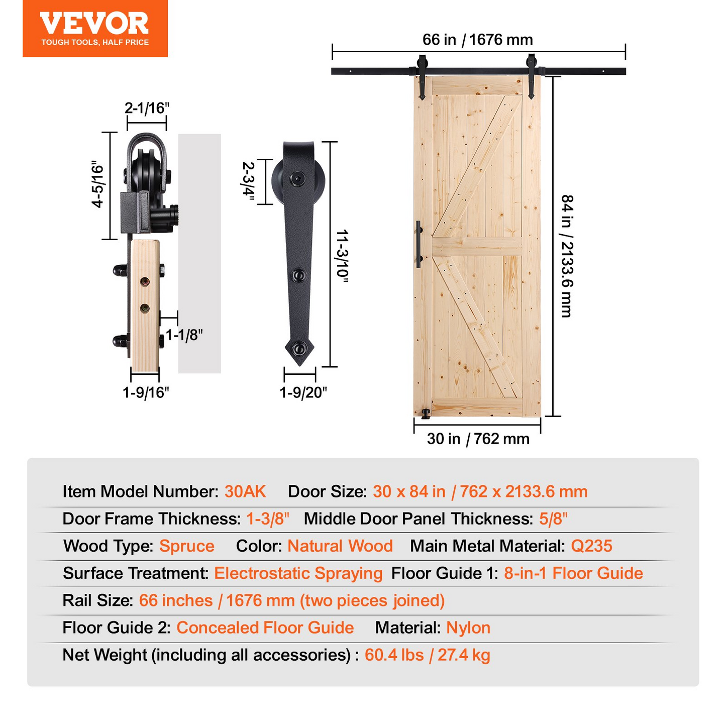 VEVOR Barn Door and Hardware Kit, 30" x 84" Wood Sliding Barn Door, Smoothly and Quietly, Barn Door Kit with 8-in-1 Floor Guide and Door Handle, Spruce Wood Panelled Slab, Easy to Install