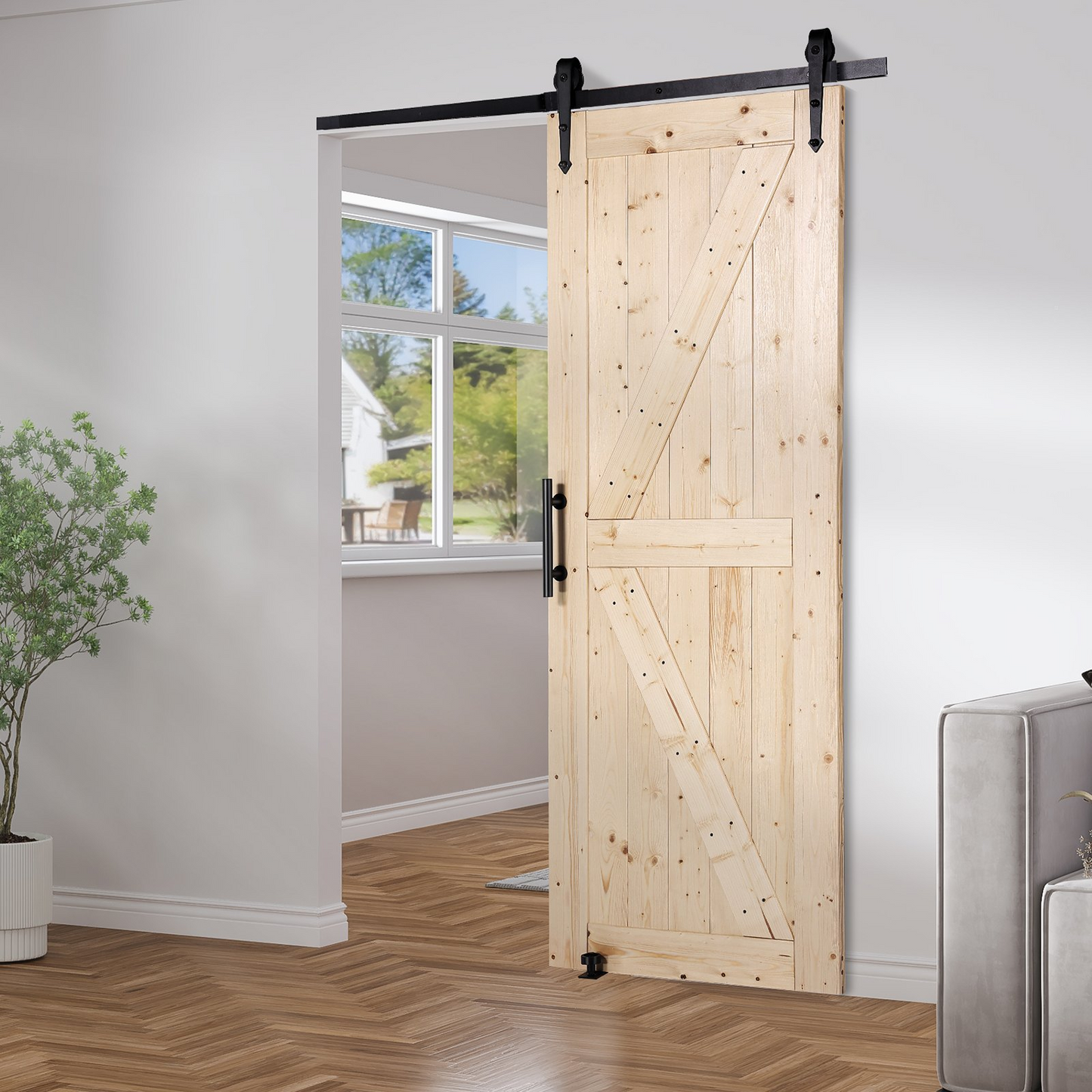 VEVOR Barn Door and Hardware Kit, 30" x 84" Wood Sliding Barn Door, Smoothly and Quietly, Barn Door Kit with 8-in-1 Floor Guide and Door Handle, Spruce Wood Panelled Slab, Easy to Install