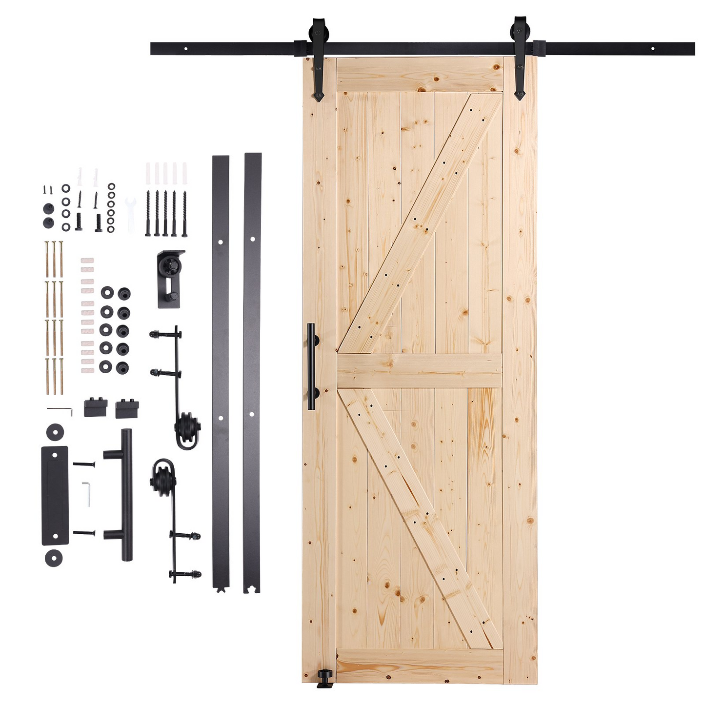 VEVOR Barn Door and Hardware Kit, 30" x 84" Wood Sliding Barn Door, Smoothly and Quietly, Barn Door Kit with 8-in-1 Floor Guide and Door Handle, Spruce Wood Panelled Slab, Easy to Install