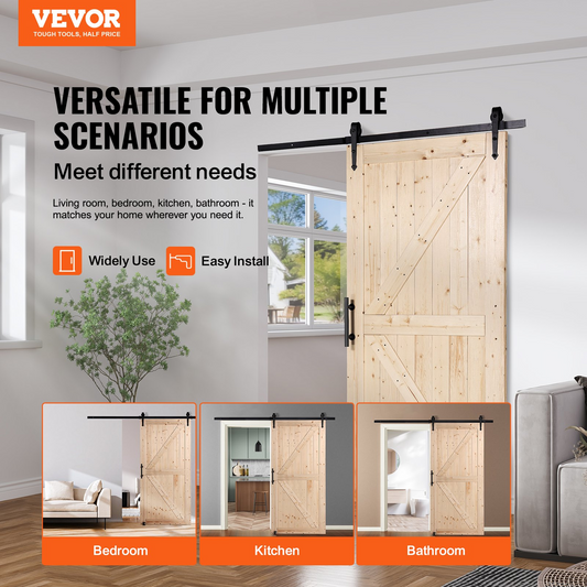 VEVOR Barn Door and Hardware Kit, 42" x 84" Wood Sliding Barn Door, Smoothly and Quietly, Barn Door Kit with 8-in-1 Floor Guide and Door Handle, Spruce Wood Panelled Slab, Easy to Install