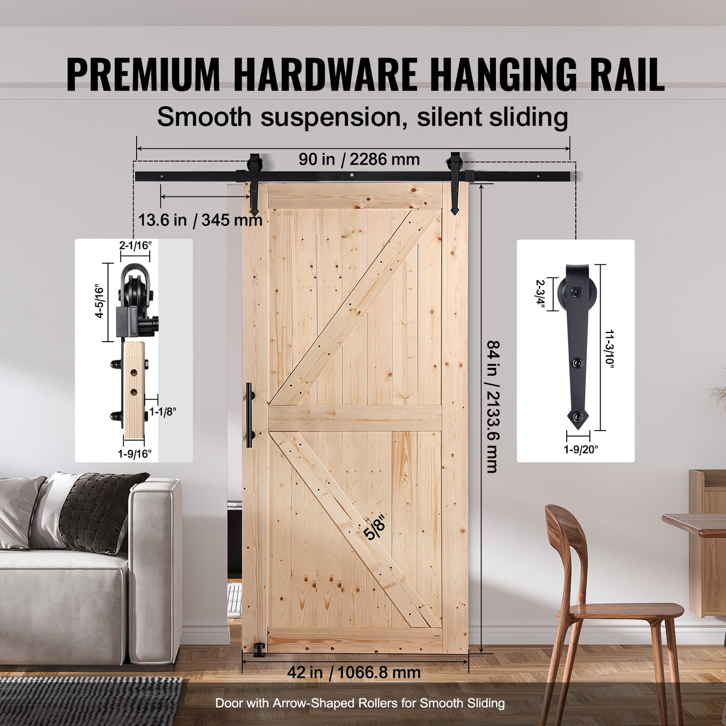 VEVOR Barn Door and Hardware Kit, 42" x 84" Wood Sliding Barn Door, Smoothly and Quietly, Barn Door Kit with 8-in-1 Floor Guide and Door Handle, Spruce Wood Panelled Slab, Easy to Install