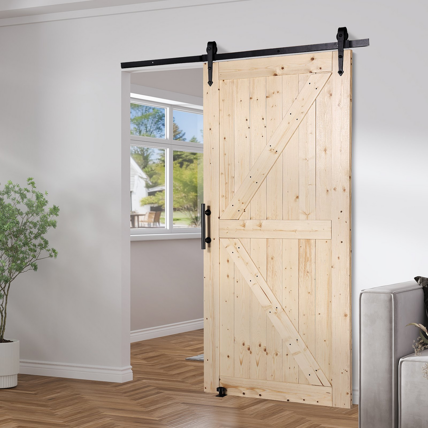 VEVOR Barn Door and Hardware Kit, 42" x 84" Wood Sliding Barn Door, Smoothly and Quietly, Barn Door Kit with 8-in-1 Floor Guide and Door Handle, Spruce Wood Panelled Slab, Easy to Install