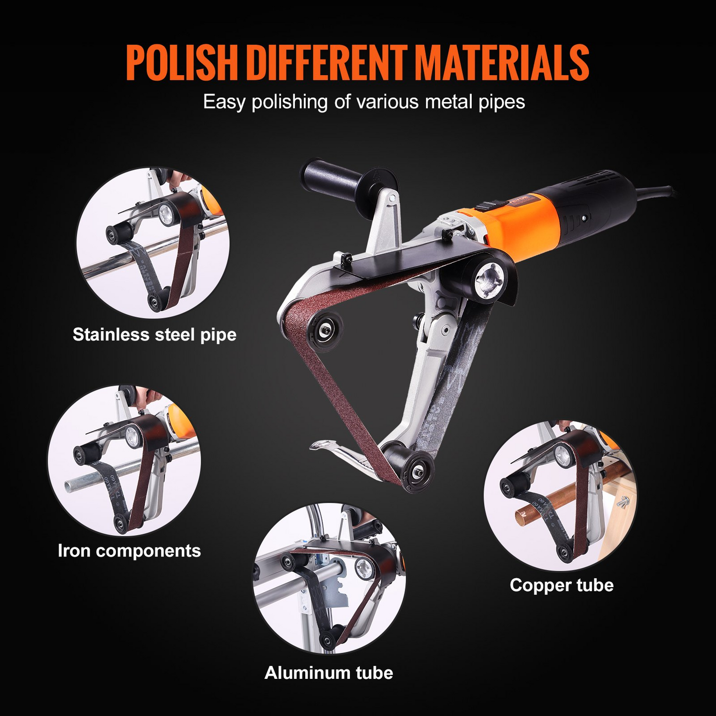 VEVOR Pipe Tube Polisher Sander, 1000W Pipe Belt Sander with 6 Variable Speeds 1100-3200rpm, Professional Belt Sander Grinding Machine with 3PCS Sanding Belts for Burnishing Finishing Rust Removal