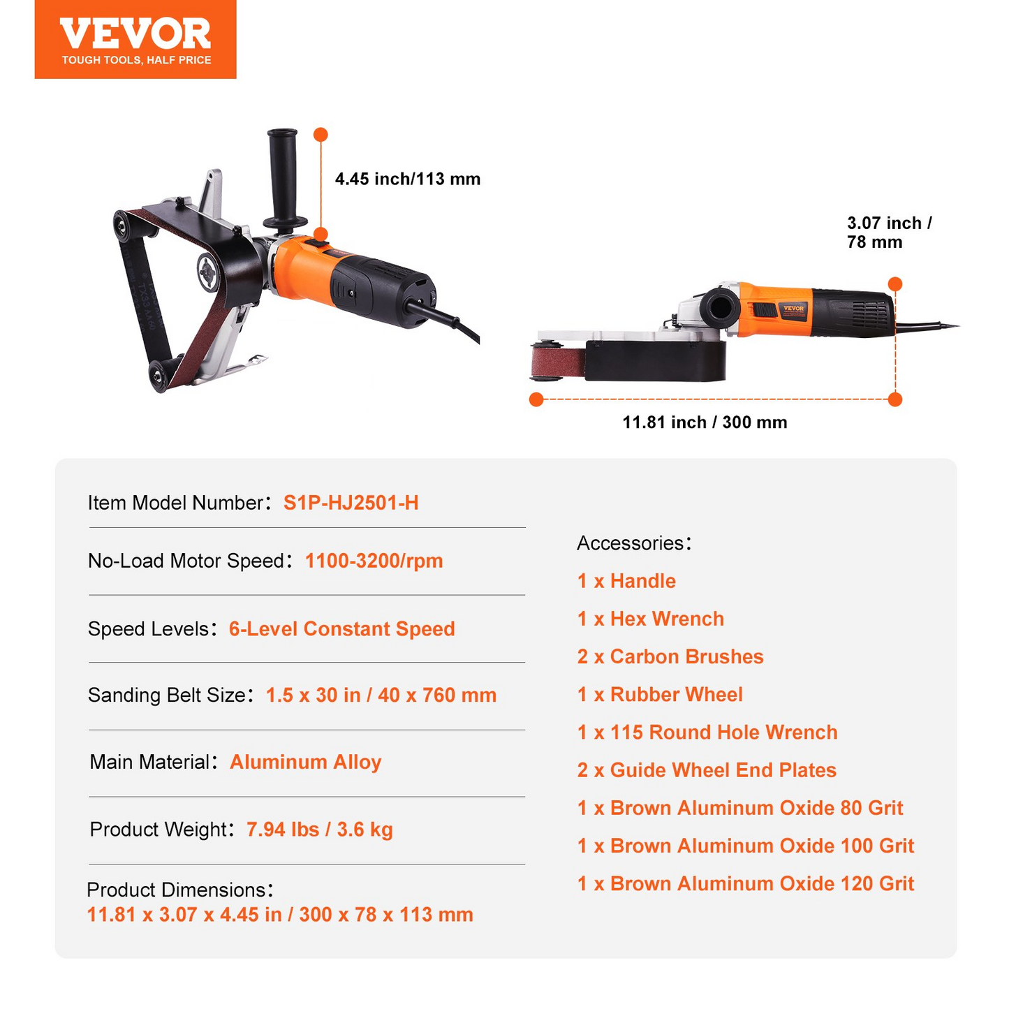 VEVOR Pipe Tube Polisher Sander, 1000W Pipe Belt Sander with 6 Variable Speeds 1100-3200rpm, Professional Belt Sander Grinding Machine with 3PCS Sanding Belts for Burnishing Finishing Rust Removal