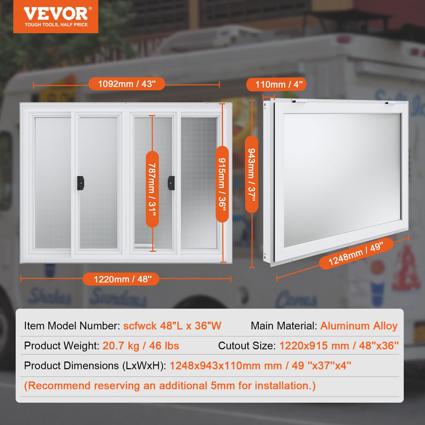 VEVOR Concession Window 48"x36", Aluminum Alloy Food Truck Service Window with 4 Horizontal Sliding Windows & Awning Door & Drag Hook, Up to 85 Degrees Serving Window for Food Truck Concession Trailer