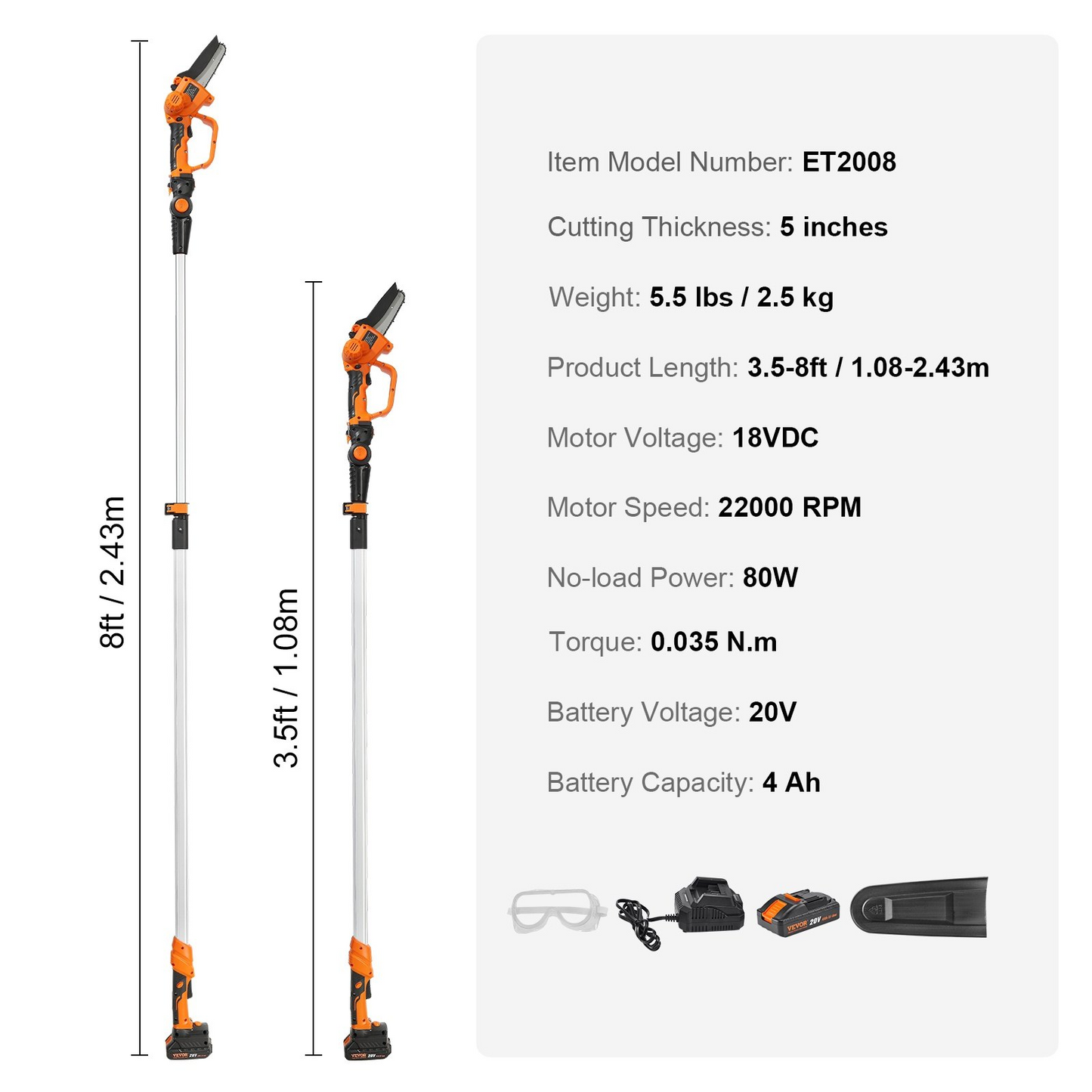 VEVOR 2-in-1 Cordless Pole Saw & Mini Chainsaw, 20V 4Ah Battery Pole Chainsaw, 5" Cutting Capacity 8 ft Reach Pole Saw for Branch Cutting & Tree Trimming (Battery and Blade Cover Included)