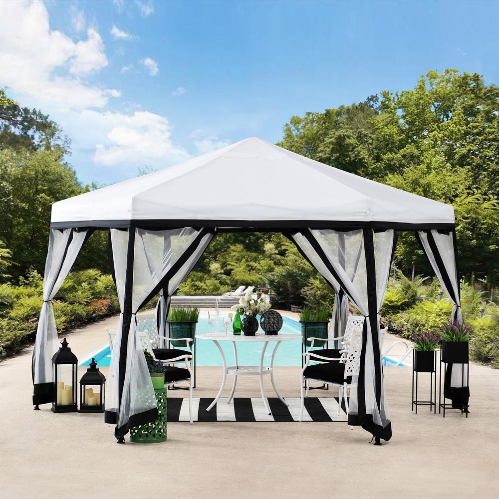 Sunjoy 11 ft. x 11 ft. White and Black 2-tone Pop Up Portable Hexagon Steel Gazebo