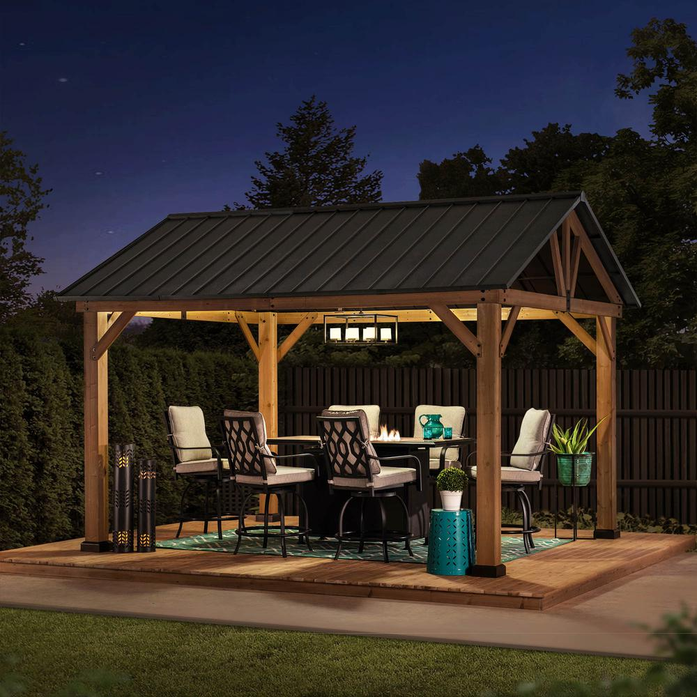 Sunjoy 11 ft. x 13 ft. Cedar Framed Gazebo with Matte-Black Steel Gable Hardtop Roof