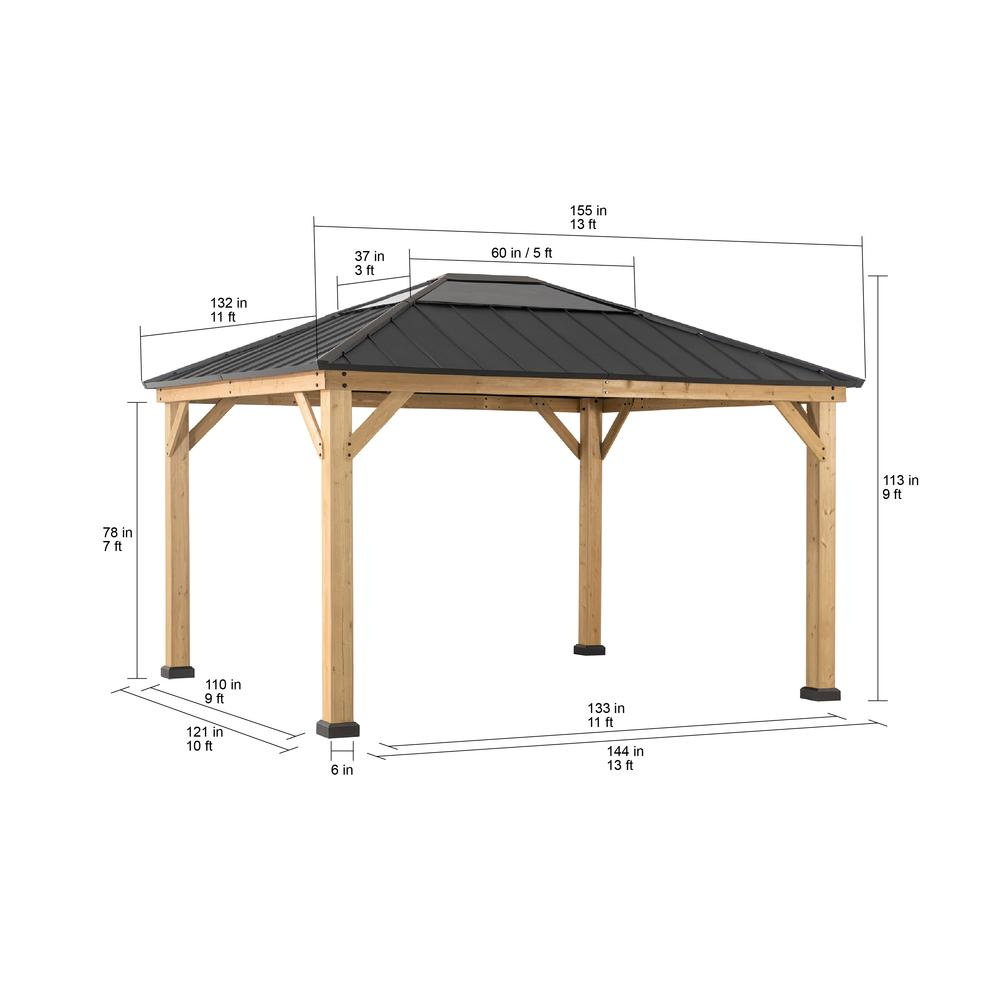 Sunjoy 11 ft. x 13 ft. Cedar Framed Gazebo with Black Steel and Polycarbonate Hip Roof Hard Top