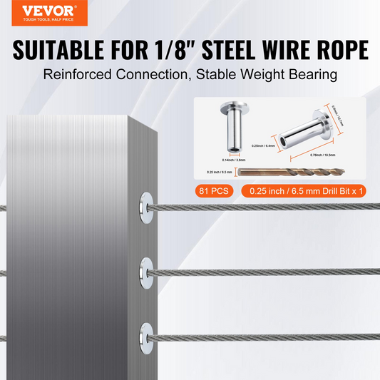 VEVOR 81 Pack T316 Stainless Steel Protector Sleeves for 1/8" Wire Rope Cable Railing, DIY Balustrade T316 Marine Grade, Come with A Free Drill Bit, Silver