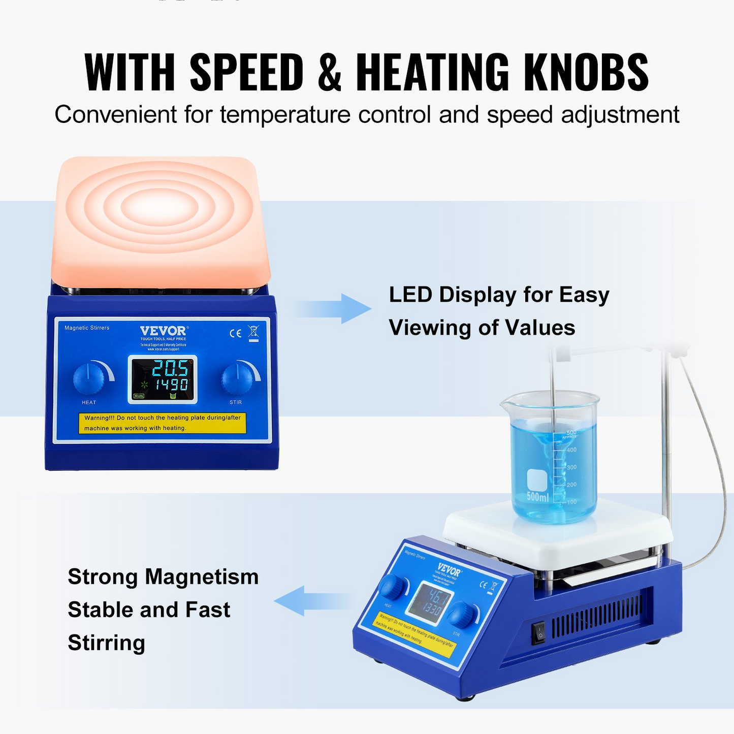 VEVOR Magnetic Stirrer Hot Plate, Max 572°F/300°C, 0-2000 RPM Hot Plate with Magnetic Stirrer, 5000mL Hot Plate Stirrer with LED Screen, Support Stand and Stir Bars Included, 500W Heating Power