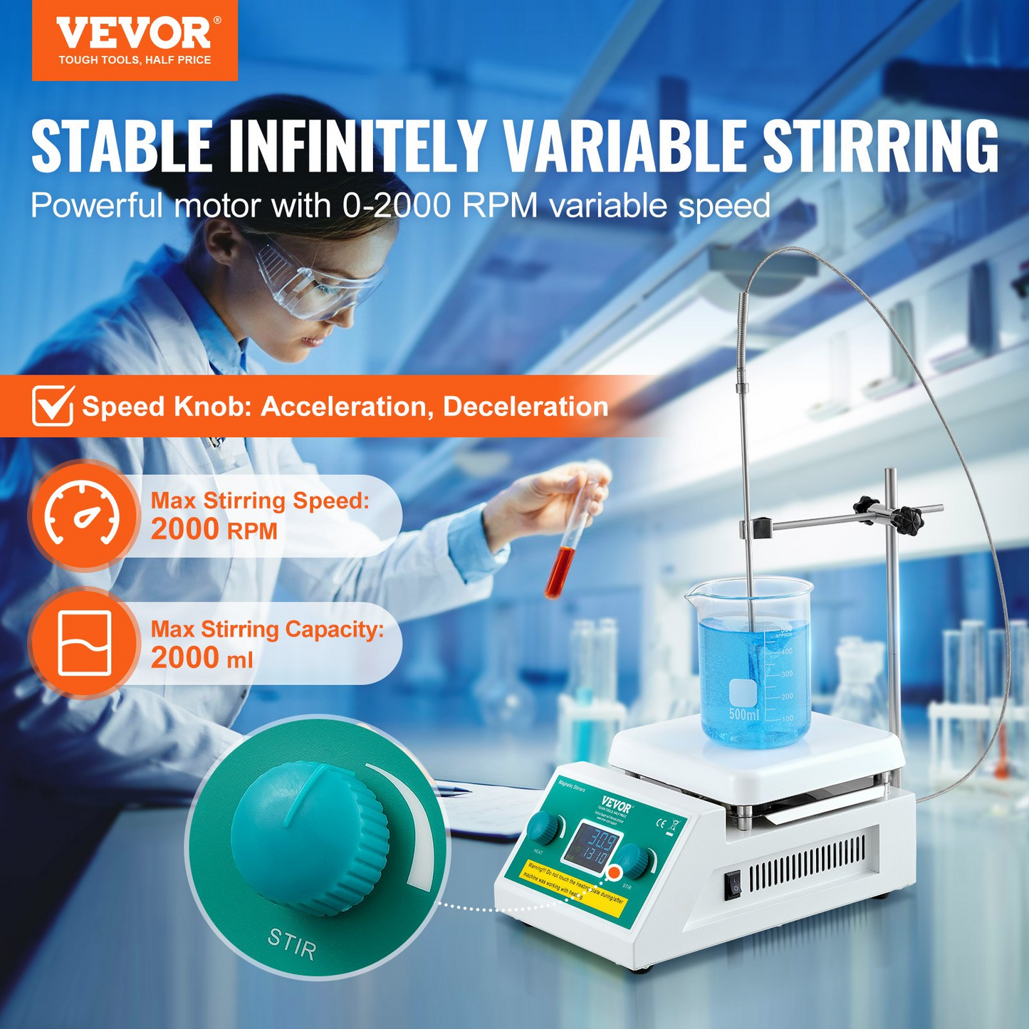 VEVOR Magnetic Stirrer Hot Plate, Max 572°F/300°C, 0-2000 RPM Hot Plate with Magnetic Stirrer, 2000mL Hot Plate Stirrer with LED Screen, Support Stand and Stir Bars Included, 500W Heating Power