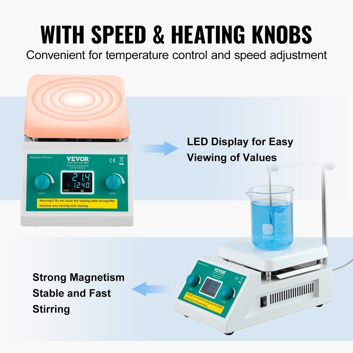 VEVOR Magnetic Stirrer Hot Plate, Max 572°F/300°C, 0-2000 RPM Hot Plate with Magnetic Stirrer, 2000mL Hot Plate Stirrer with LED Screen, Support Stand and Stir Bars Included, 500W Heating Power