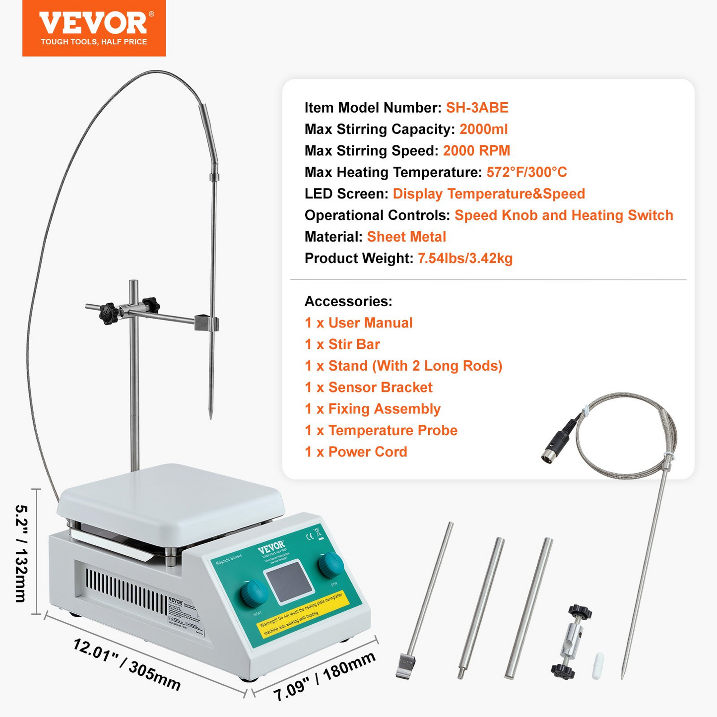 VEVOR Magnetic Stirrer Hot Plate, Max 572°F/300°C, 0-2000 RPM Hot Plate with Magnetic Stirrer, 2000mL Hot Plate Stirrer with LED Screen, Support Stand and Stir Bars Included, 500W Heating Power