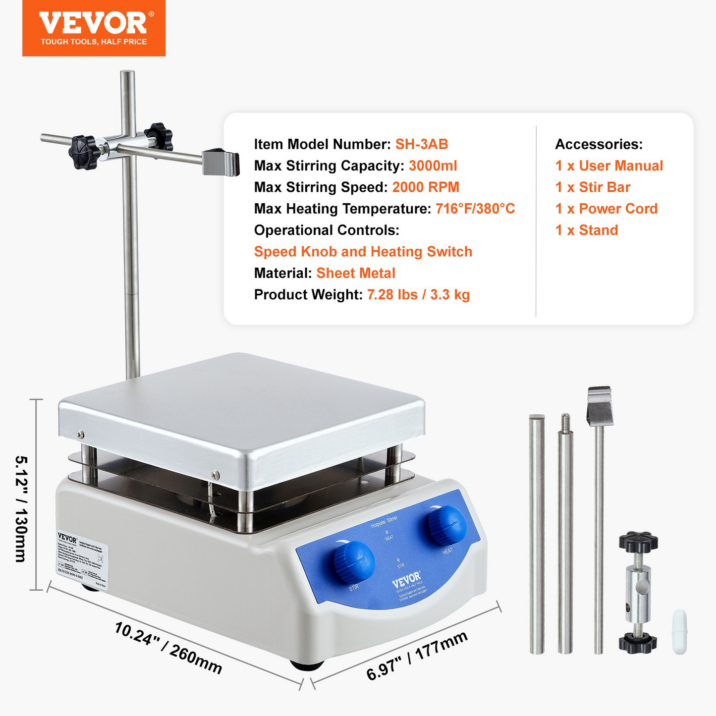 VEVOR Magnetic Stirrer Hot Plate, Max 716°F/380°C, 0-2000 RPM Hot Plate with Magnetic Stirrer, 3000mL Hot Plate Stirrer, Support Stand and Stir Bars Included, 500W Heating Power