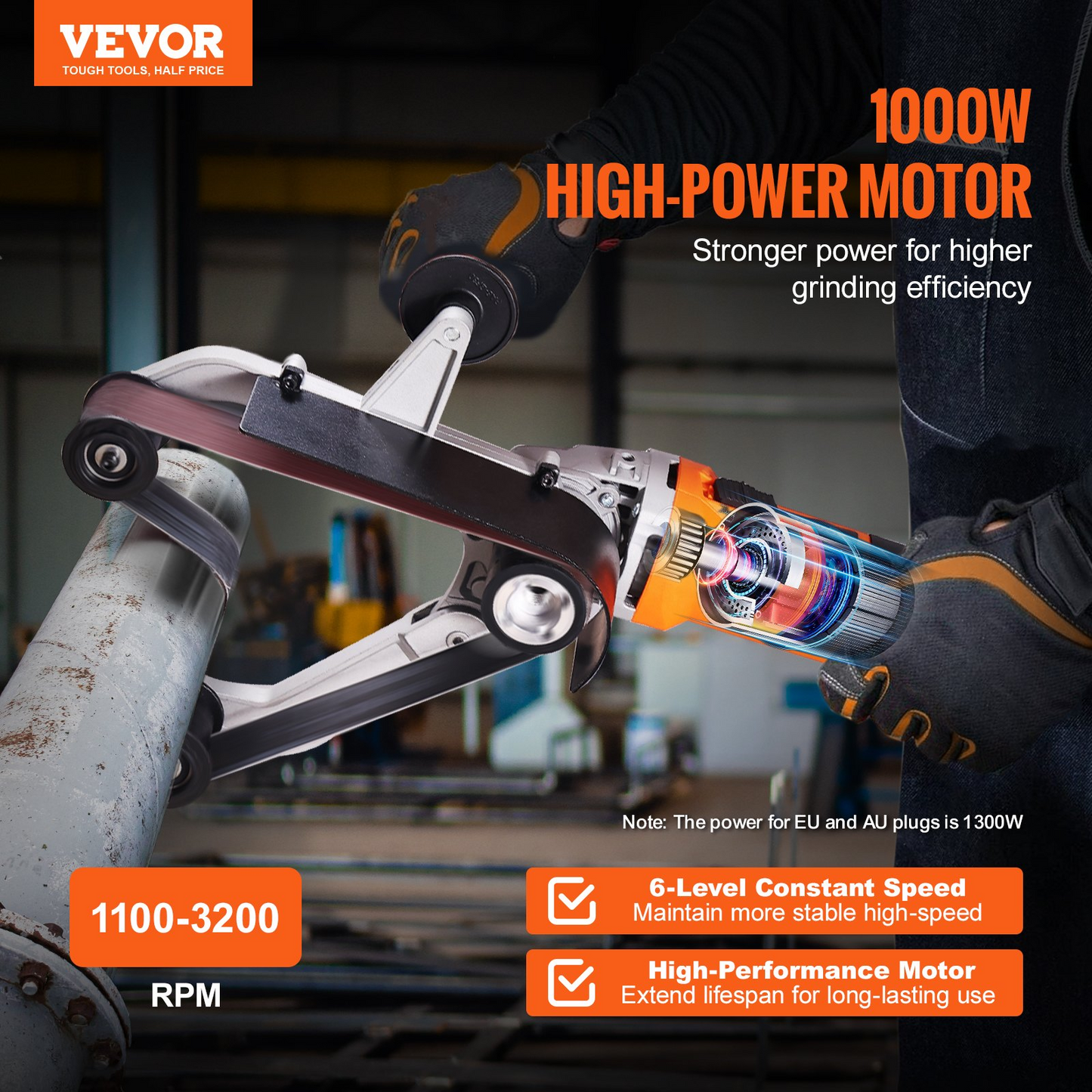 VEVOR Pipe Tube Polisher Sander, 1000W Pipe Belt Sander with 6 Variable Speeds 1100-3200rpm, Professional Belt Sander Grinding Machine with 3PCS Sanding Belts for Burnishing Finishing Rust Removal