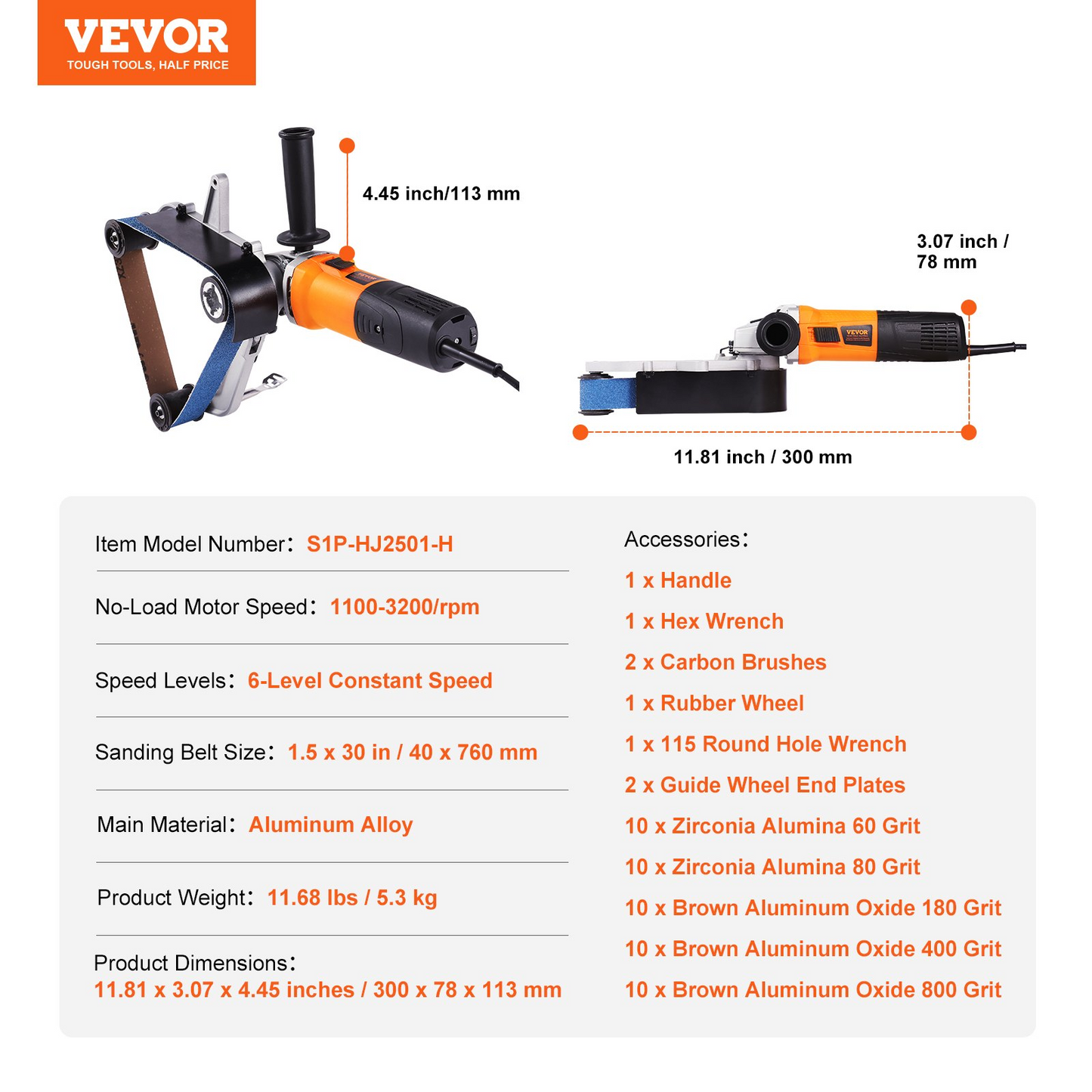 VEVOR Pipe Tube Polisher Sander, 1000W Pipe Belt Sander with 6 Variable Speeds 1100-3200rpm, Professional Belt Sander Grinding Machine with 50PCS Sanding Belts for Burnishing Finishing Rust Removal