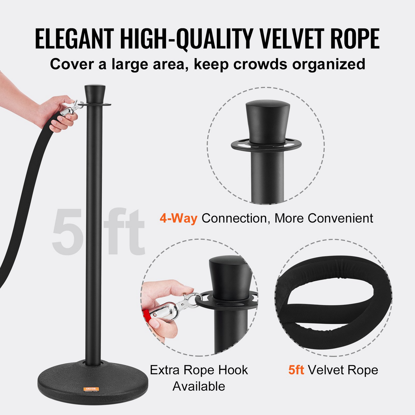 VEVOR Stanchion Post with Velvet Rope, 6-Pack Crowd Control Stanchion with 6PCS 5FT Black Velvet Ropes, Carbon Steel Baking Painted Queue Barrier Line Divider & Fillable Plastic Base for Wedding Party