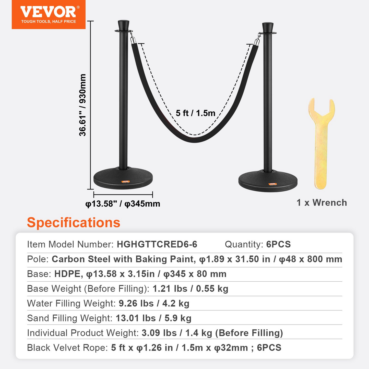 VEVOR Stanchion Post with Velvet Rope, 6-Pack Crowd Control Stanchion with 6PCS 5FT Black Velvet Ropes, Carbon Steel Baking Painted Queue Barrier Line Divider & Fillable Plastic Base for Wedding Party