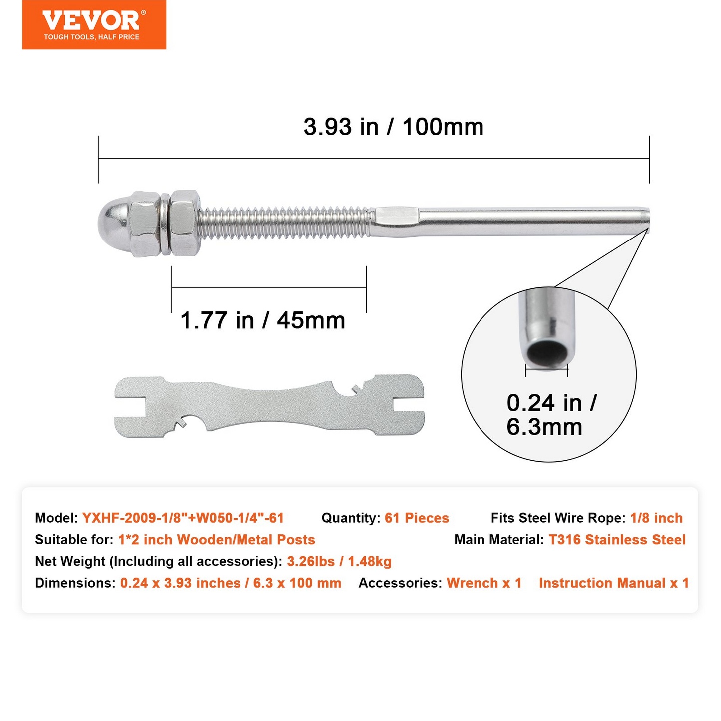 VEVOR 61 Pack Cable Railing Swage Threaded Stud Tension End Fitting Terminal for 1/8" Deck Cable Railing, T316 Stainless Steel, Cable Railing Tensioner 1/8" for Wood/Metal Post, Silver