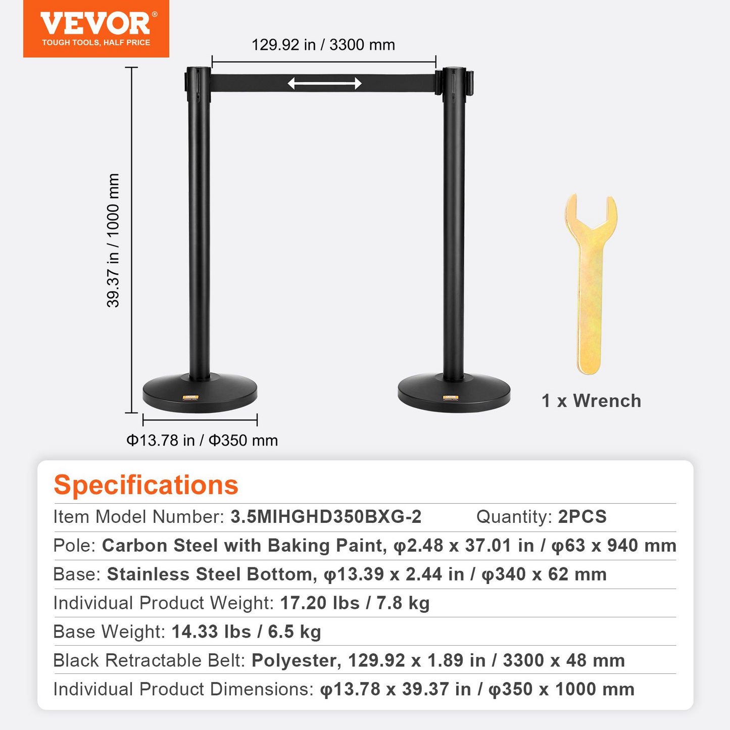 VEVOR Crowd Control Stanchions, 2-Pack Crowd Control Barriers, Carbon Steel Baking Painted Stanchion Queue Post with 11FT Black Retractable Belt, Belt Barriers Line Divider for Exhibition, Airport