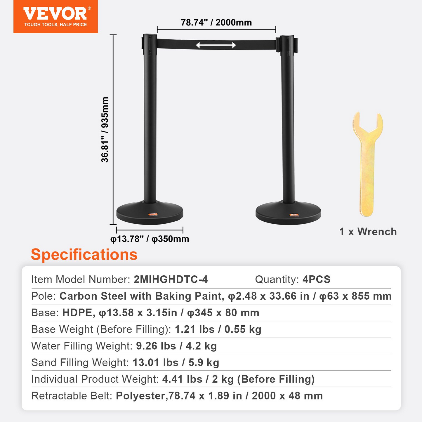 VEVOR Crowd Control Stanchion, 4-Pack Crowd Control Barrier, Carbon Steel Baking Painted Stanchion Queue Post with 2PCS 6.5FT Retractable Belt & Fillable Base, Belt Barrier Line Divider, Easy Assembly